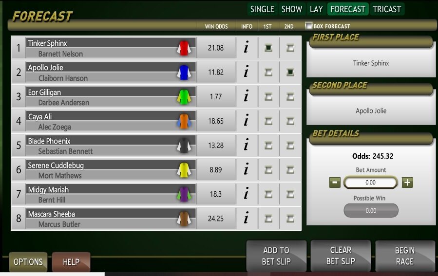 Virtual Racebook 3d betsoft forecast bet