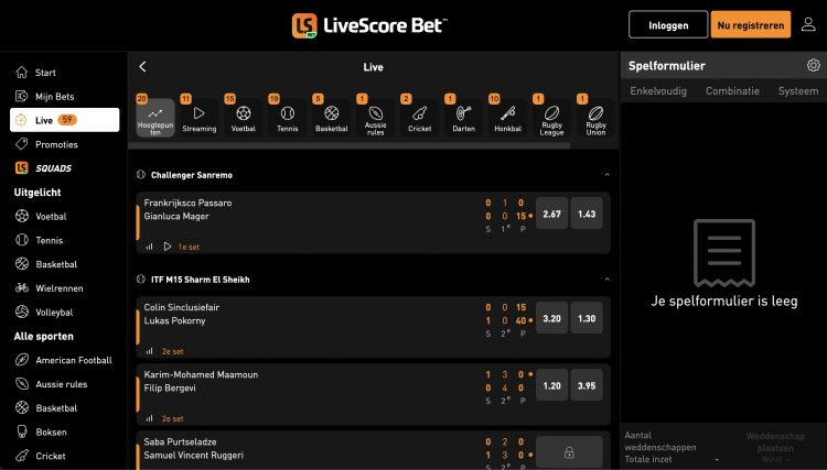 LiveScore Bet Wedden op Sport