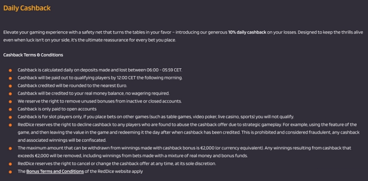 RedDice Cashback Voorwaarden
