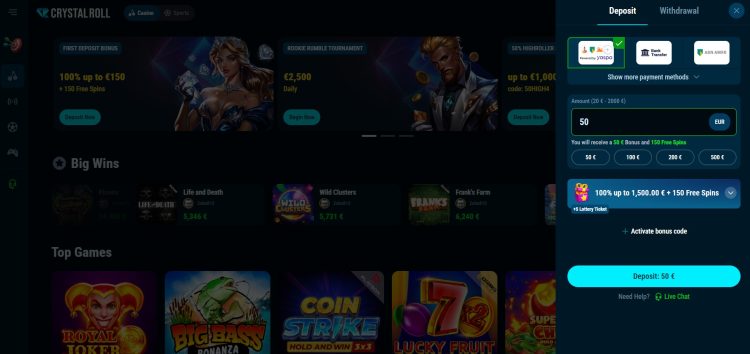 Crystal Roll Exclusieve welkomstbonus voor gebruikers van CasinoJager