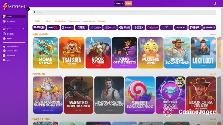 PartySpins Casino Spelaanbod