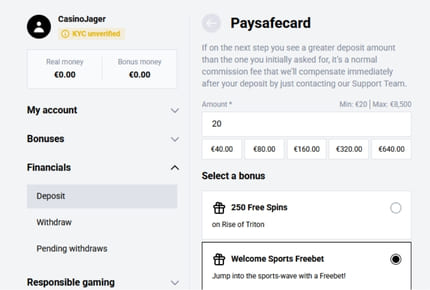 PaysafeCard Storting - Stortingsbedrag